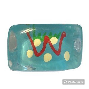 Vintage Lucite Acrylic Ring Size 7 Retro Abstract Hand Painted Blue Aqua White